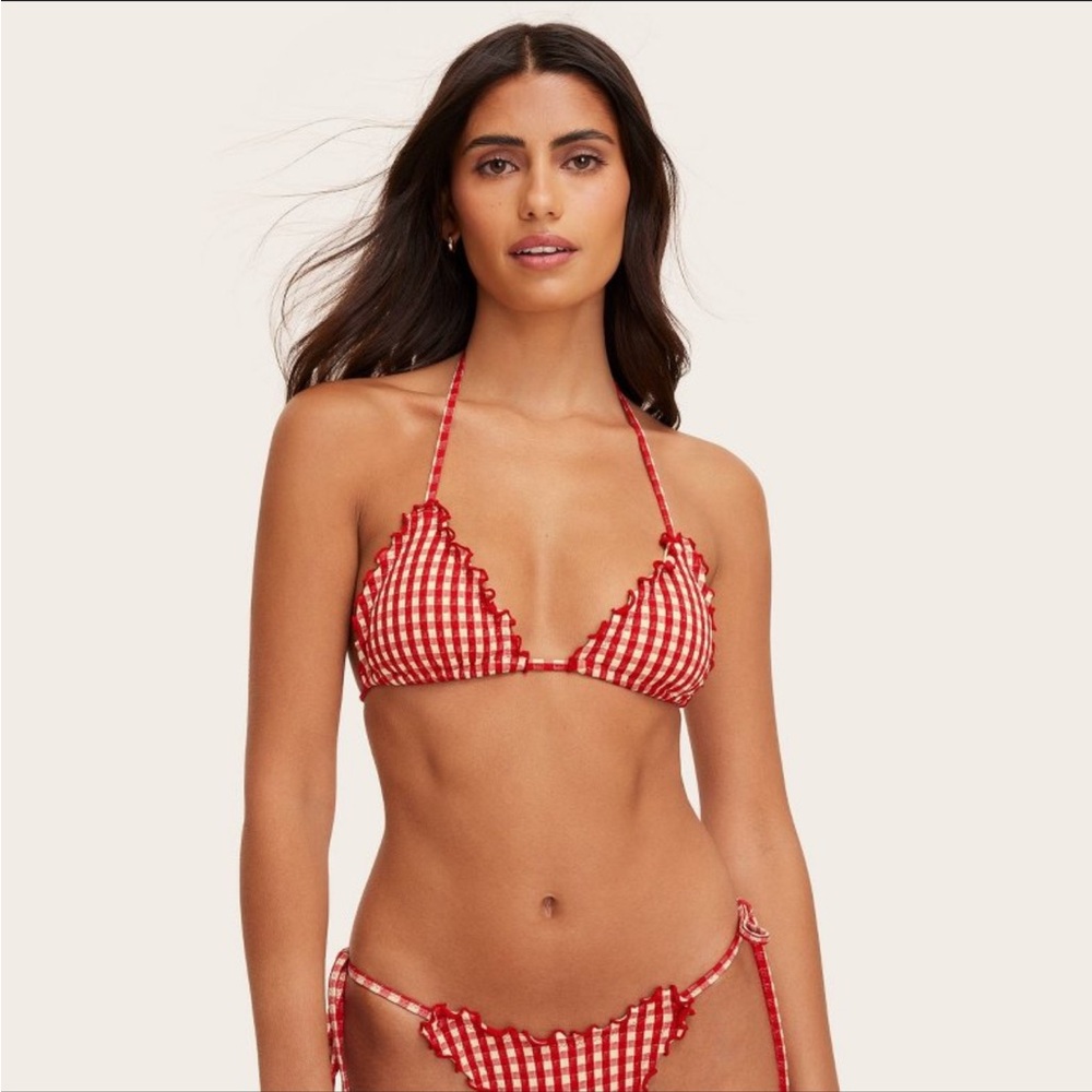 Red Gingham Ruffle Tie-Side Bikini Set - Picture 2 of 4
